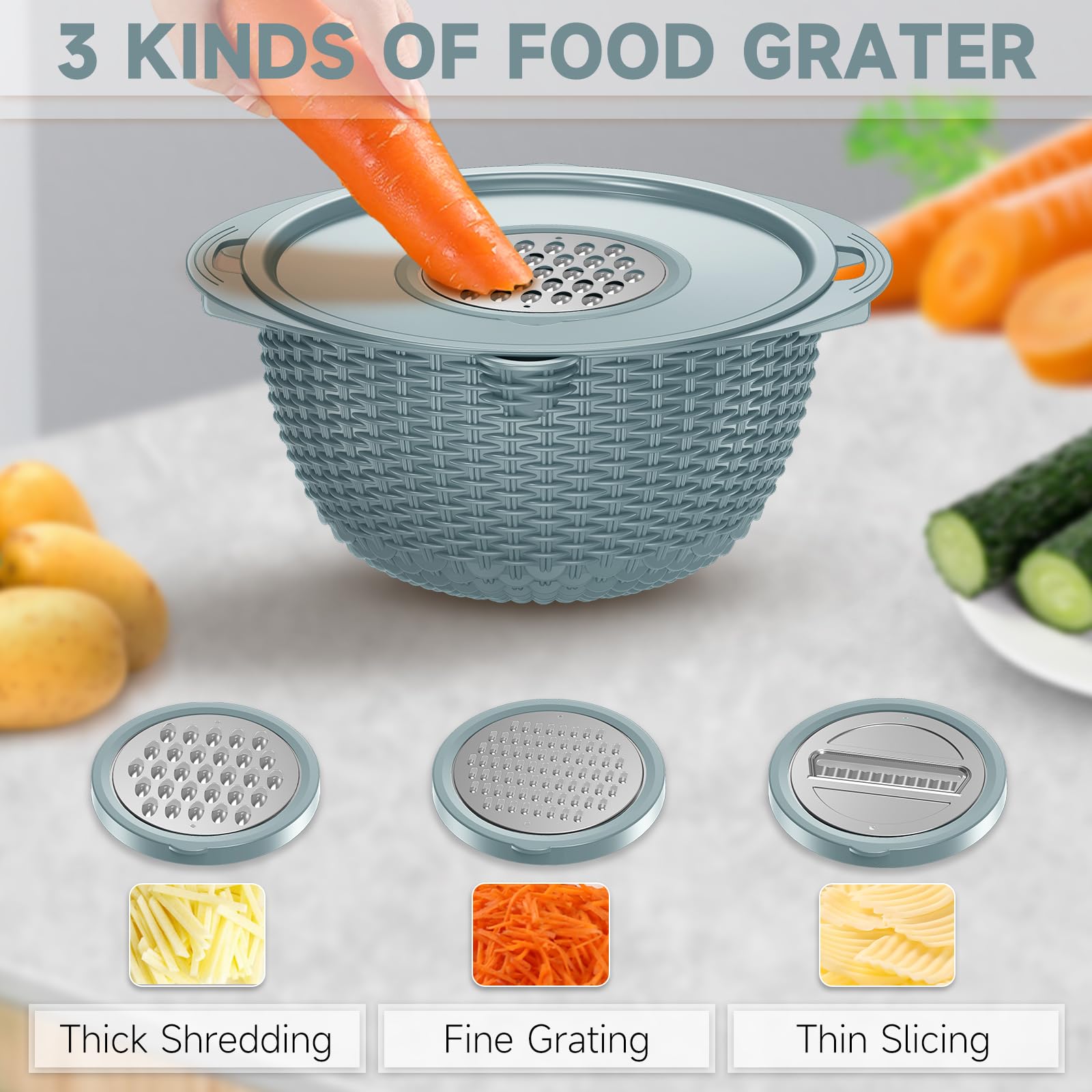 Juego de colador 4-1 con cuenco y cucharas, coladores y coladores (patentados), coladores para cocina, colador de alimentos con ralladores y cucharas mejorados, cuenco de frutas para pasta, frutas