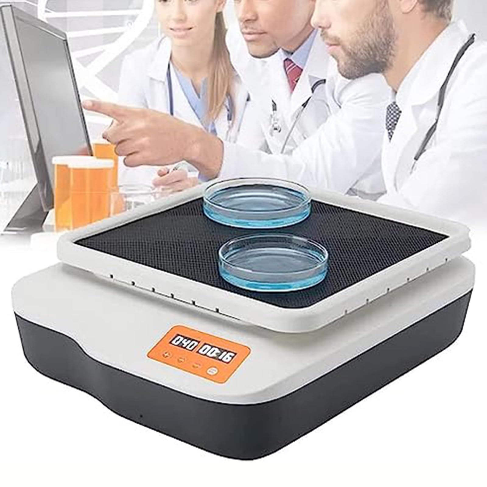 Agitador orbital digital, velocidad ajustable 40-200 RPM, modo continuo o temporizador, pantalla LED para velocidad y tiempo, ideal para laboratorios y aulas