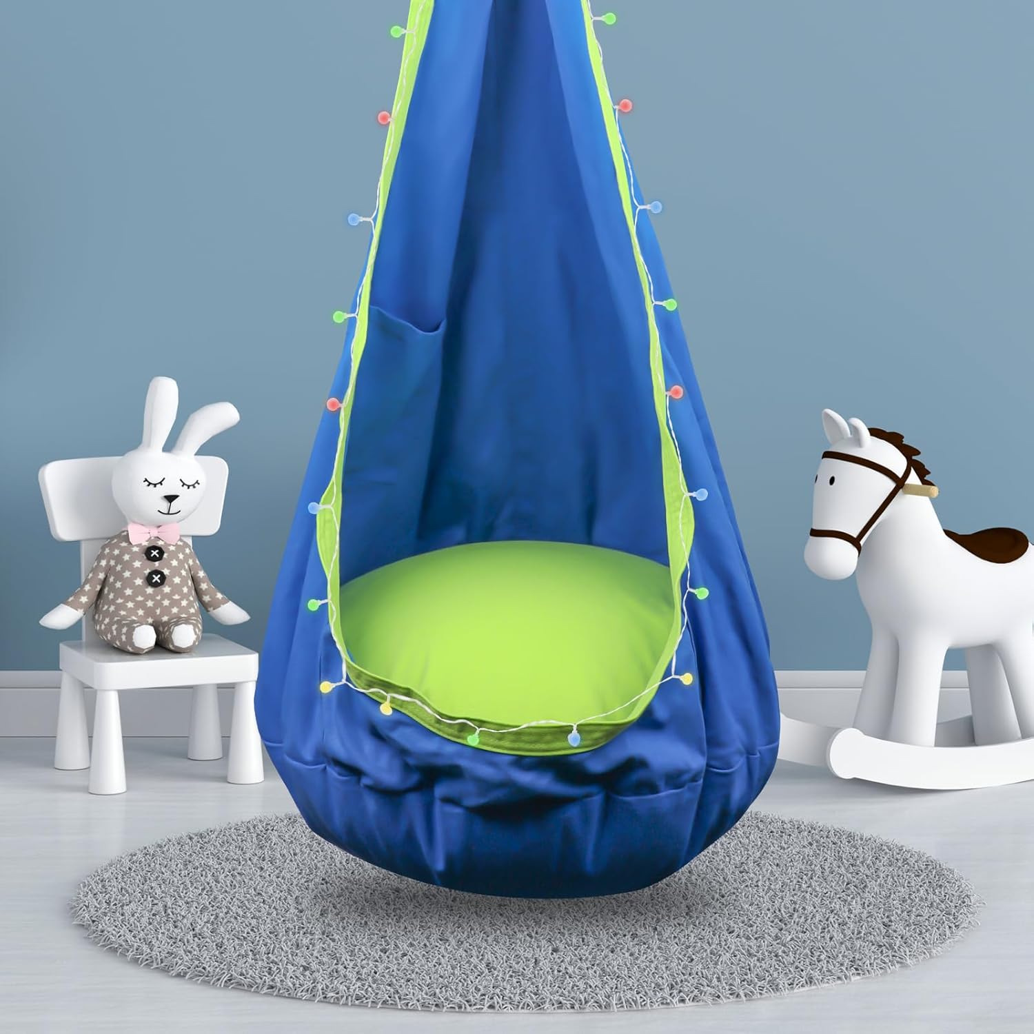 Light Up Kids Pod Swing Seat - Child Hanging Hammock Swing Chair Cotton with LED Lights, Sensory Pod Swing Chair with Inflatable Pillow & All Accessories for Indoor and Outdoor Use Calming Swing(Blue)