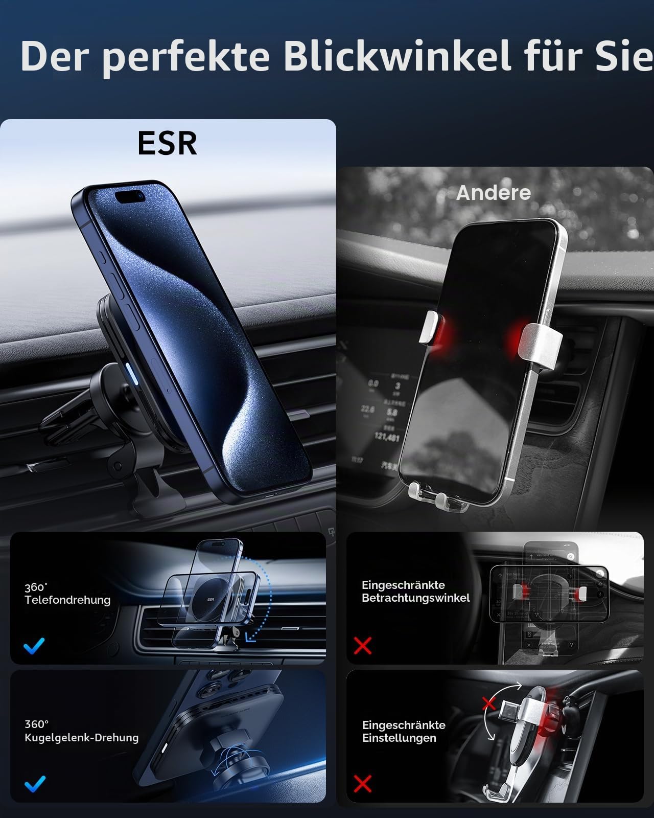 ESR für 15W Magsafe Autohalterung mit Ladefunktion, Lüftung/Armaturenbrett Magnet Autoladegerät, Handyhalterung Auto für iPhone Air/17/17e/16/15/14/13/12, Google Pixel 10, S25/S26, Schnellladung
