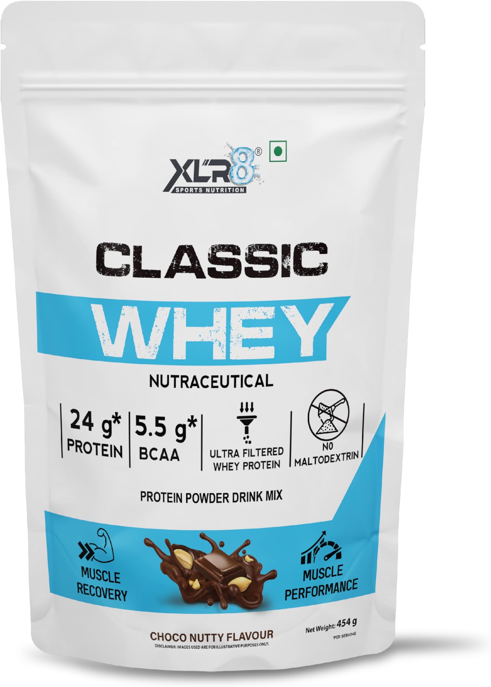 XLR8 Classic Whey Protein Powder, 24 g Protein, 5.5 BCAA, No Maltodextrin (Choco Nutty, 454 g)