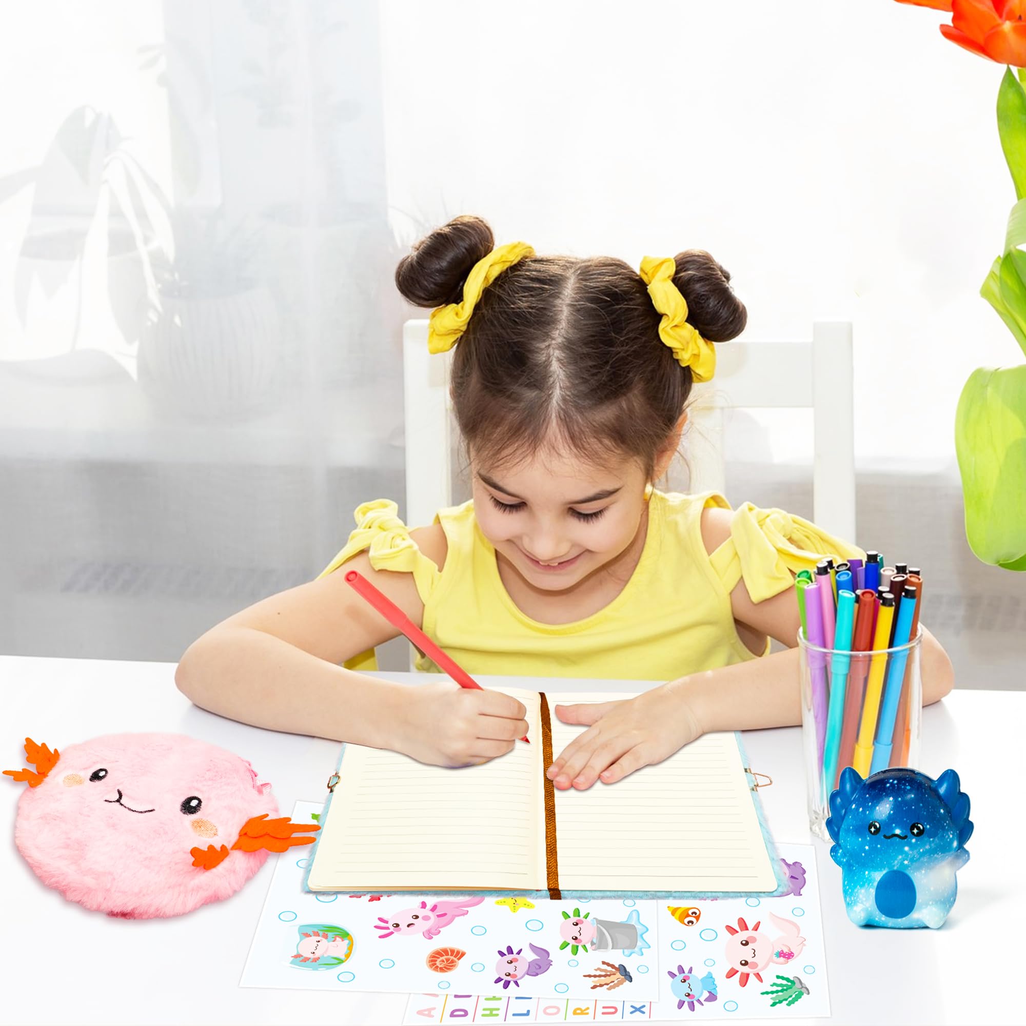 CY2SIDE 6 piezas de diario de ajolote con cerradura y llaves para niños, cuaderno de diario secreto de peluche de ajolote con bolsa para monedas, pegatinas de bolígrafo y juguete de apretar, idea para