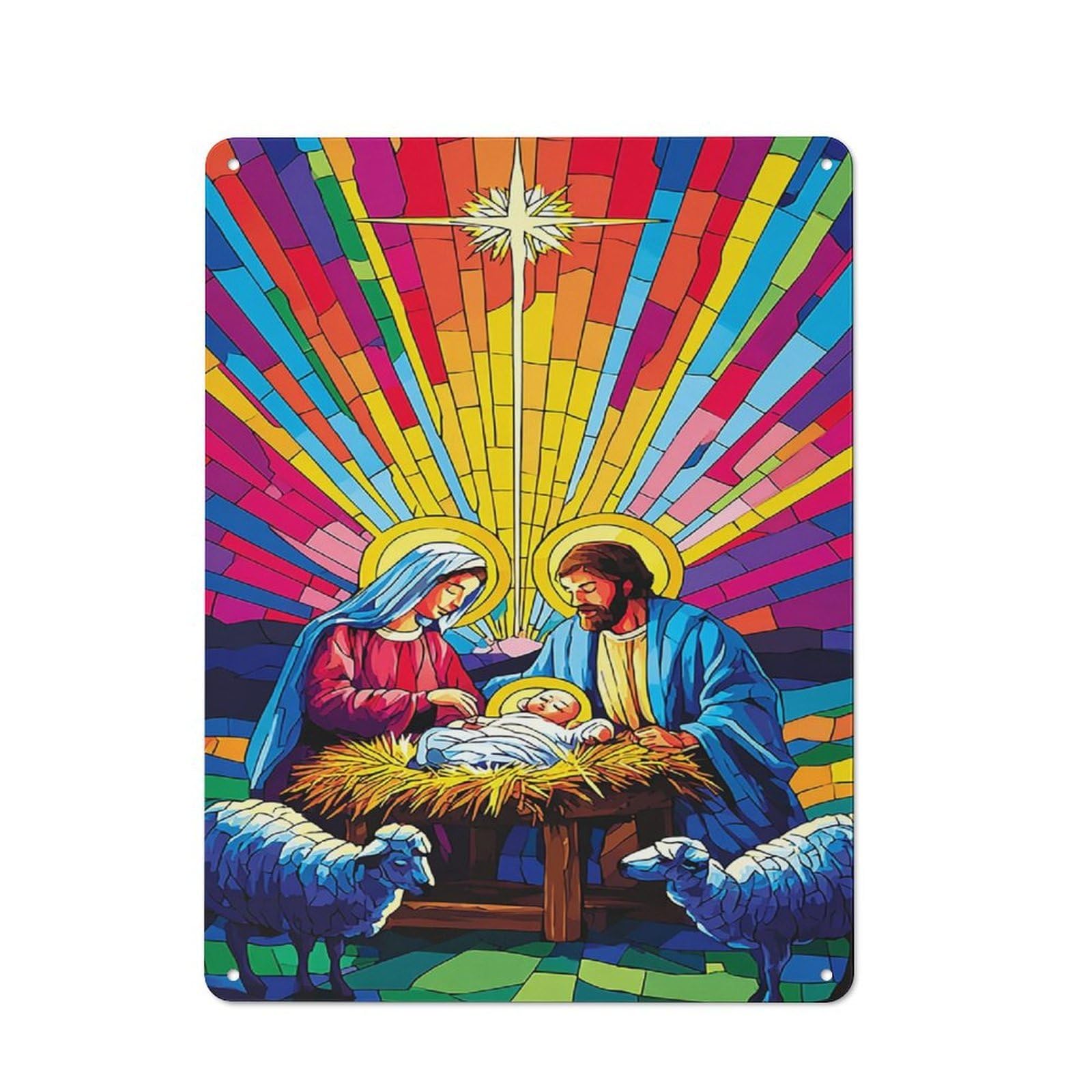 Junmoney Colorful Nativity Scene With Holy Family Vintage Tin Wall Plaque 40X30cm For Studio Or Craft Room, For Garage, Workshop And Man Cave Decoration