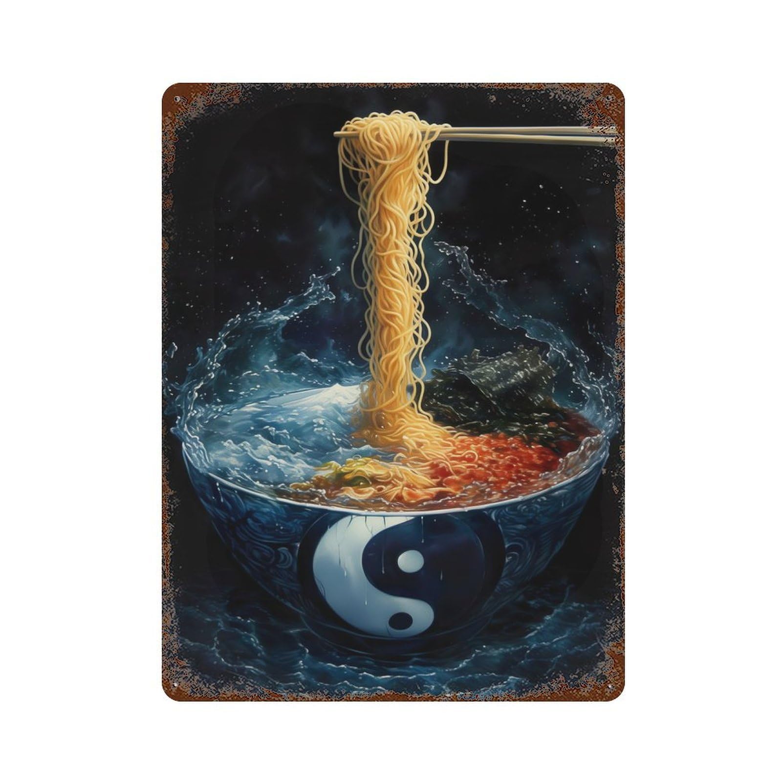 Yin And Yang Ramen Rust Effect Tin Sign 15.7"x11.8", Ideal for Garage, Bar And Workshop Decor