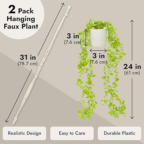 Miniatura 4 de Juvale Paquete de 2 plantas colgantes artificiales de eucalipto con colgador de macramé y maceta de cerámica blanca para decoración del hogar (31