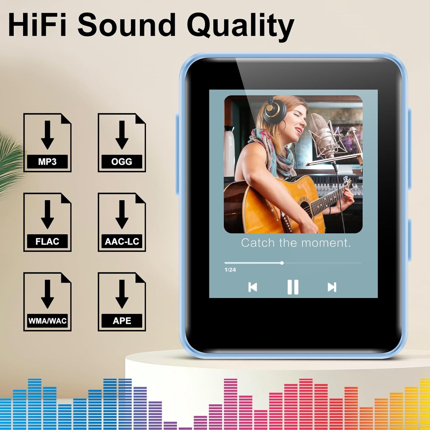 64GB MP3 Player, Bluetooth Music Player, Portable High Fidelity Lossless Music Player with Recorder, FM Radio, 1.8 inch Screen, Up to 512GB, Blue