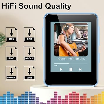 32GB MP3 Player with Bluetooth, 1.8 inch Screen, with FM Radio, Recorder, Portable Sport HiFi Music Player Up to 512GB, Blue
