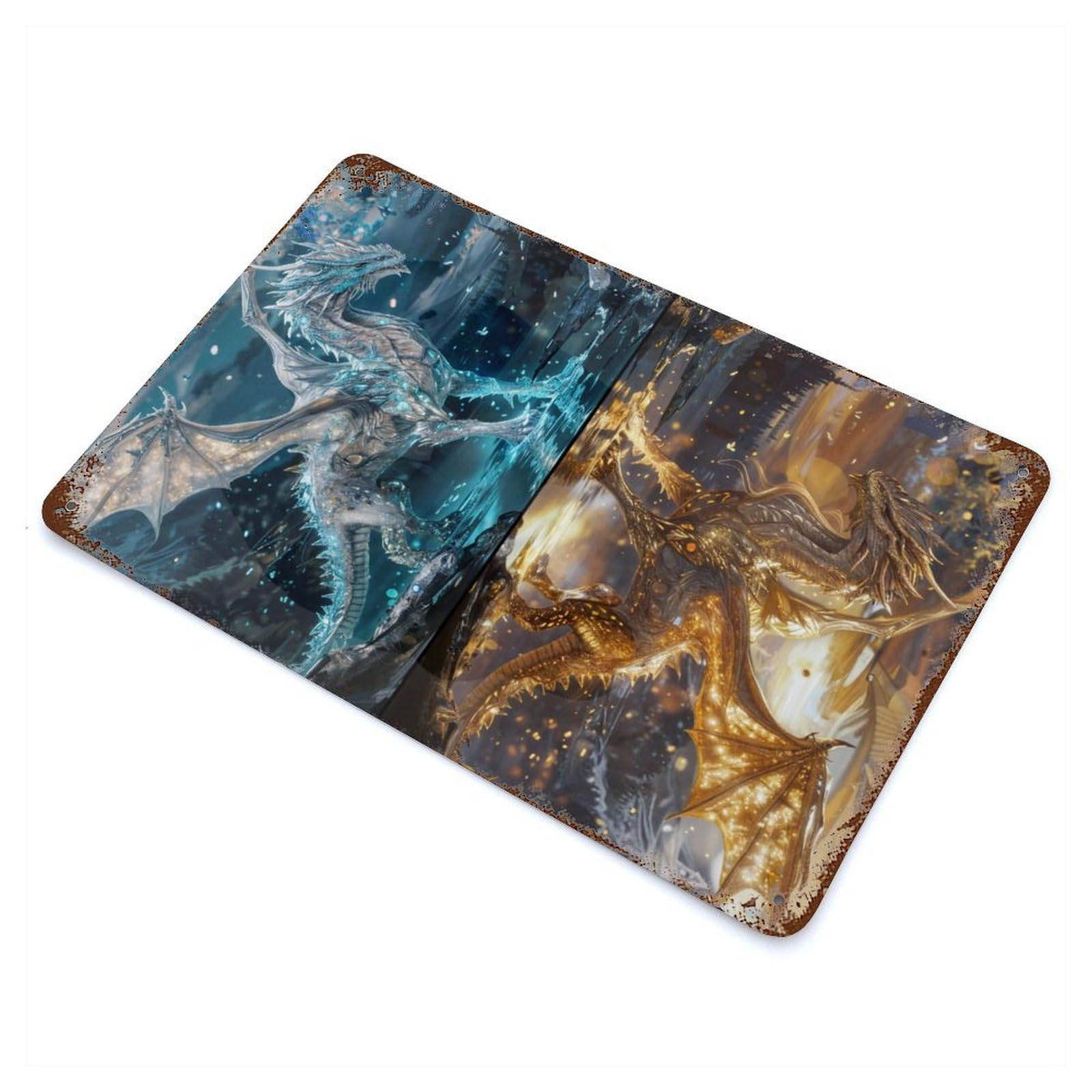 Upside Down Dragons Aged Metal Wall Plaque 11.8"x7.9", Decorative Metal Wall Art for Garage, Pub Or Kitchen