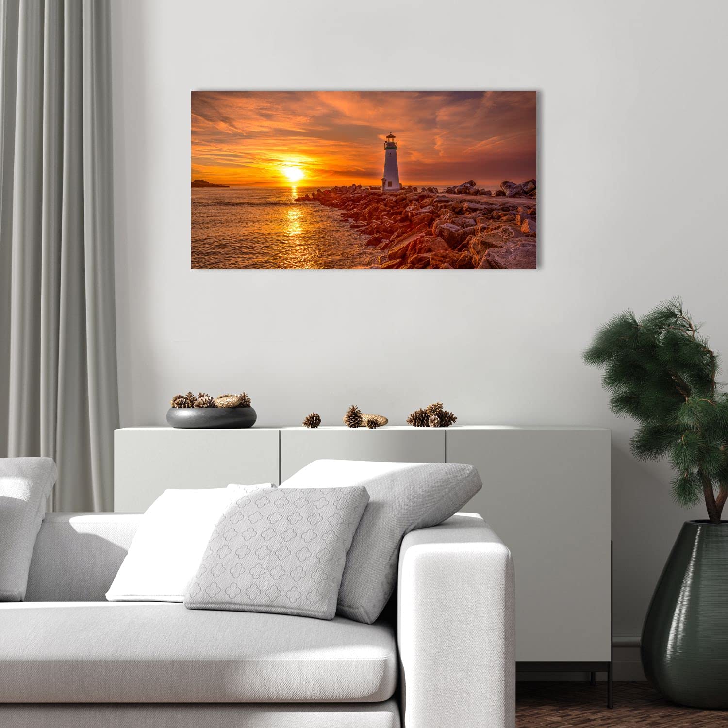 Quadri L&C ITALIA Quadro Mare e Faro - Stampa su Tela Canvas da Parete 90 x 45 con Paesaggio Marino Tramonto per Soggiorno Camera da Letto Cucina Arredamento Ufficio