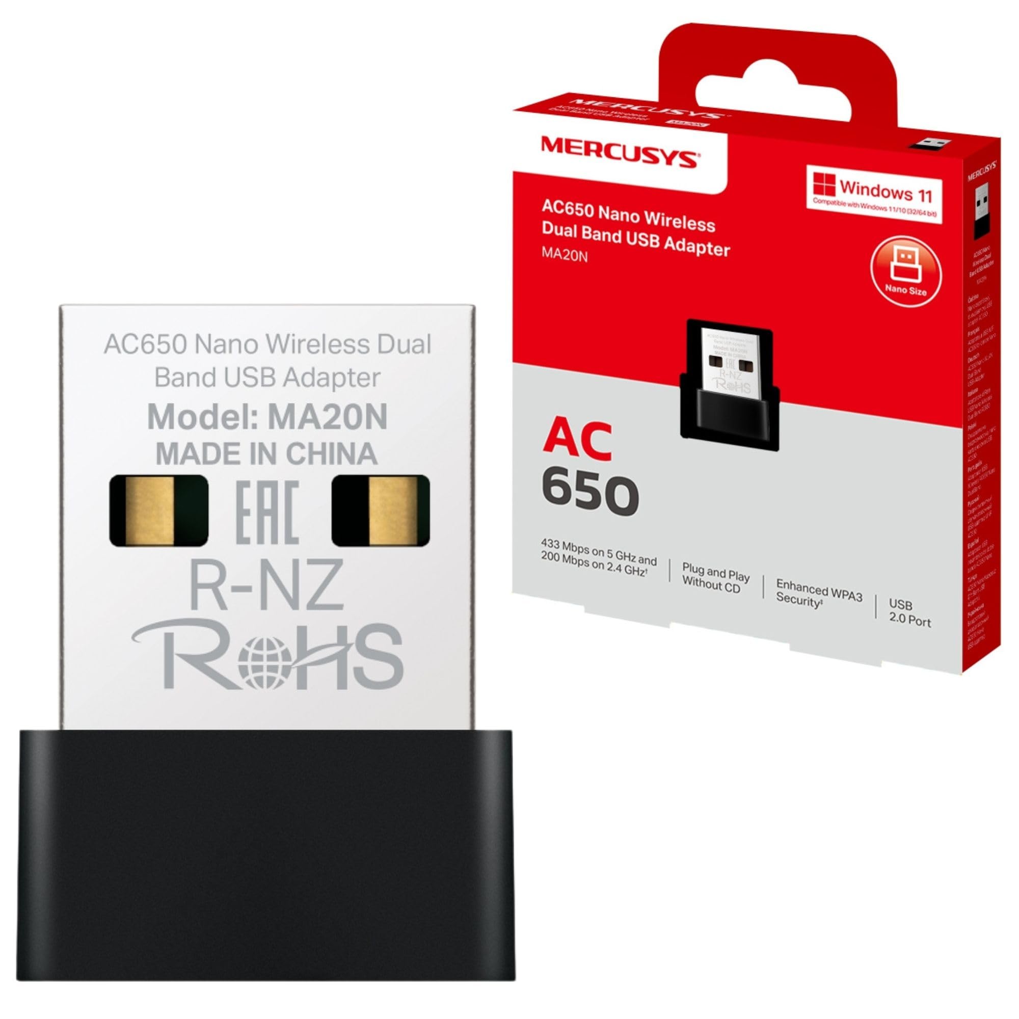 MERCUSYS MA20N AC650 USB WiFi Dongle, adaptateur WiFi double bande pour PC/​ordinateur de bureau/​ordinateur portable, Nano Mini adaptateur sans fil pour PC TP-​Link, prend en charge Windows 10-​11