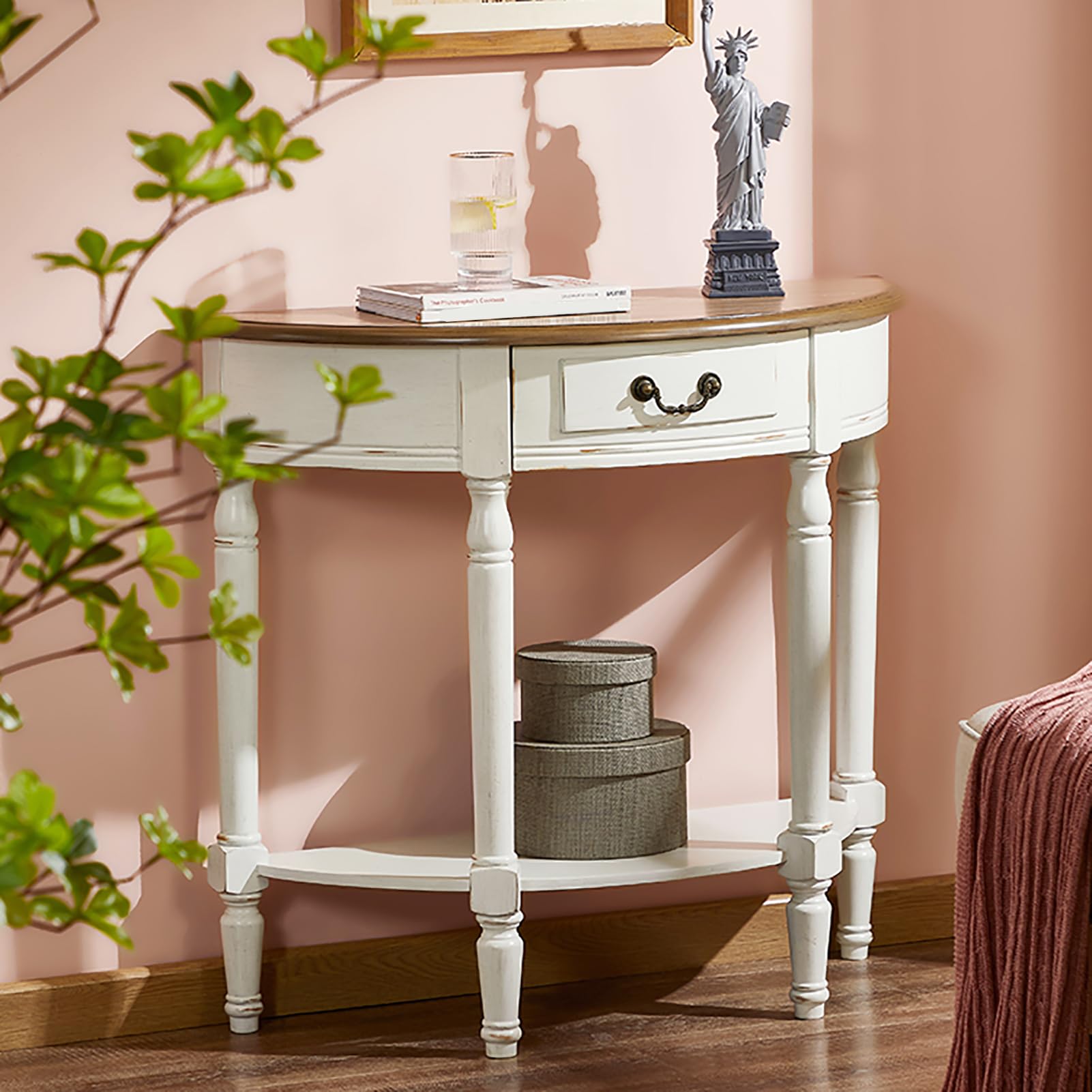 Elegante mueble decorativo de media luna con estante para estancias