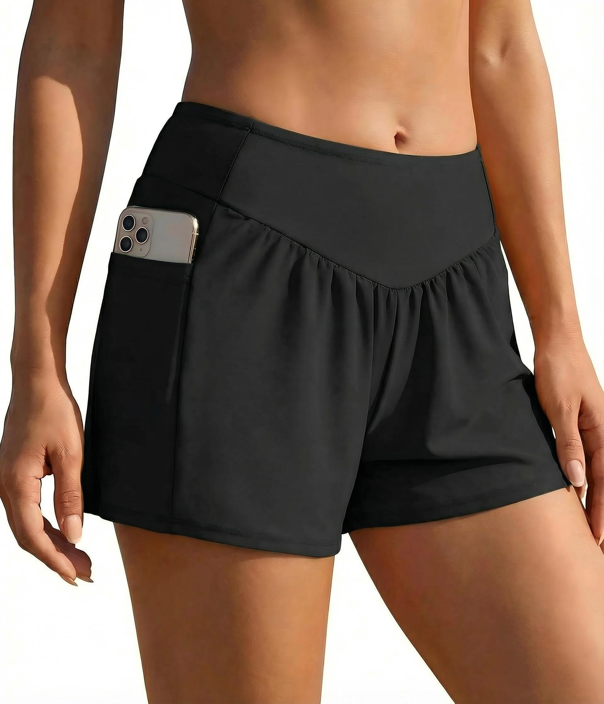 Ekouaer Badeshorts Damen Badehose Schwimmhose High Waist Boardshorts Schnell Trocknend mit Liner Taschen S-2XL