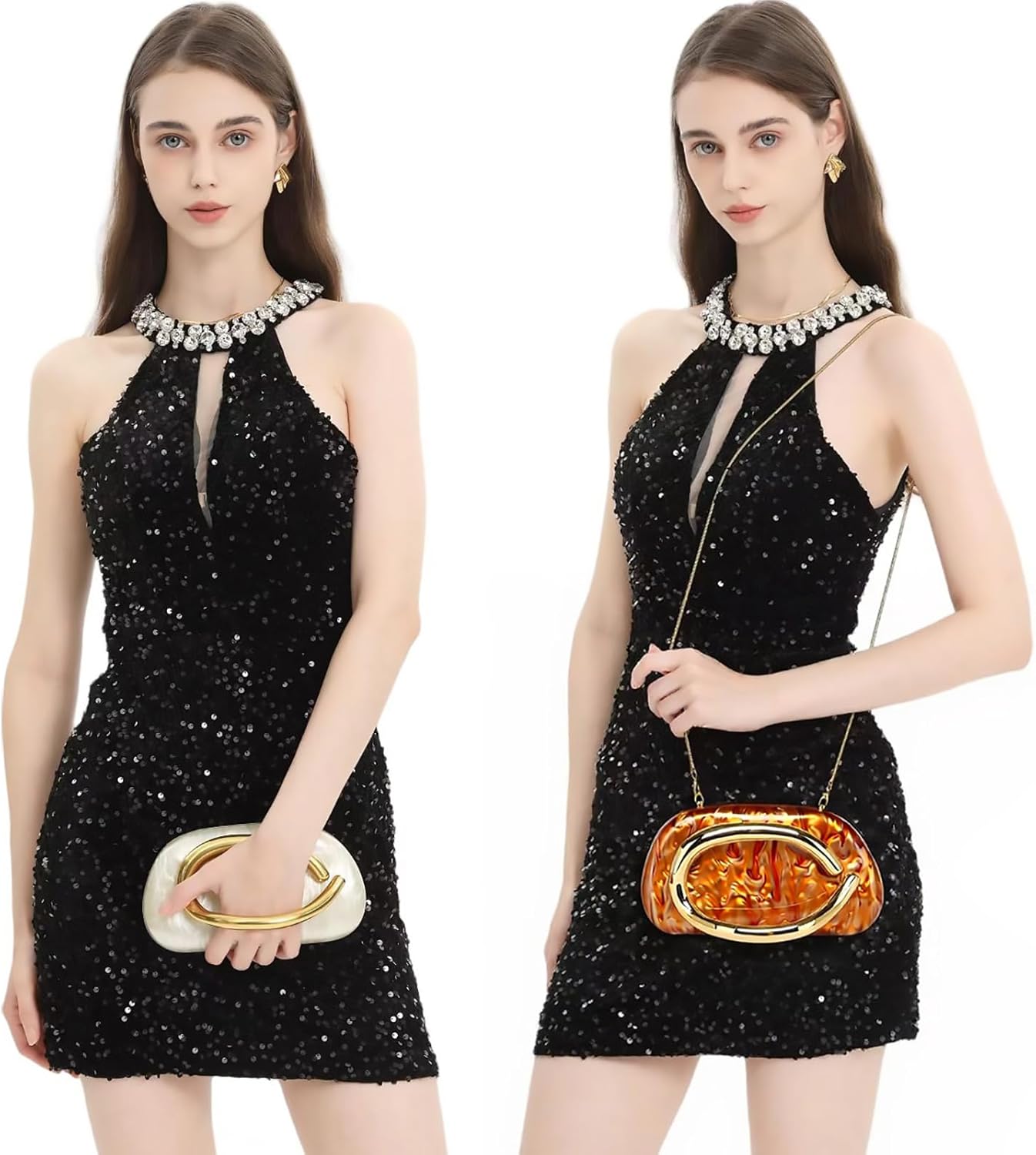 Metal Handle Handbag Detachable Chain Crossbody Shoulder Evening Bag Clutch Purse for Women Formal Wedding Party Prom