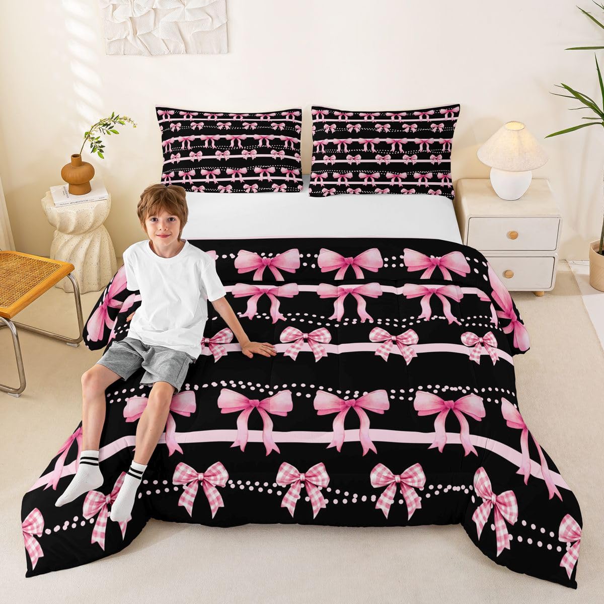 Homewish Preppy różowa kokarda pojedynczy zestaw kołdry - różowa kratka kokardki zestaw pościeli śliczna kokarda węzeł zestaw kołdry - księżniczka muszka bez przykrycia kołdra