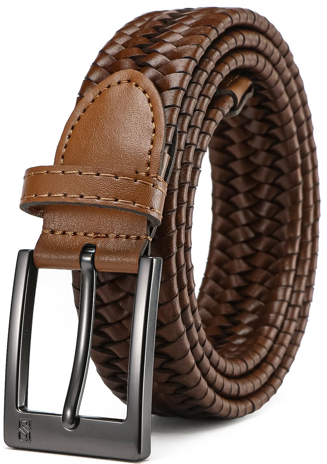 SAKIZITO Stretch Braided Belt Men - 1 1/4“ Mens Braided Leather Belt Casual - Mens Brown Belt