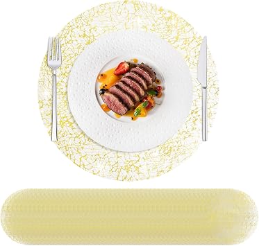 Hysenm 50 Pcs Disposable Gold Placemats Set Metallic 13 Inch Round Table Doilies, Ultra-Thin Messy Lines Disposable Placement Mats for Home Decoration Dining Table Wedding Birthday Party