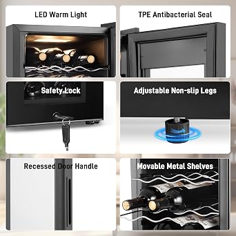 Tylza 18 Bottles Wine Fridge, Wine Cellar with Powerful Compressor, LED Touchscreen, Low-E Tempered Glass Door, Lock, Wine Cooler Refrigerator for Red, White, Champagne or Sparkling Wine, Black