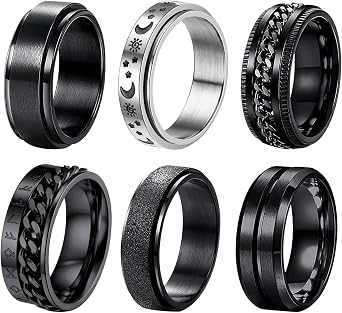 Aroncent Mens Ring, 6-Piece Set, Rotating, Spinning, Stress Relief, Simple, Cool, Stainless Steel, Mens Fashion Accessories, Silver, Black, Casual, Business, Valentines Day, Fathers Day, Christmas