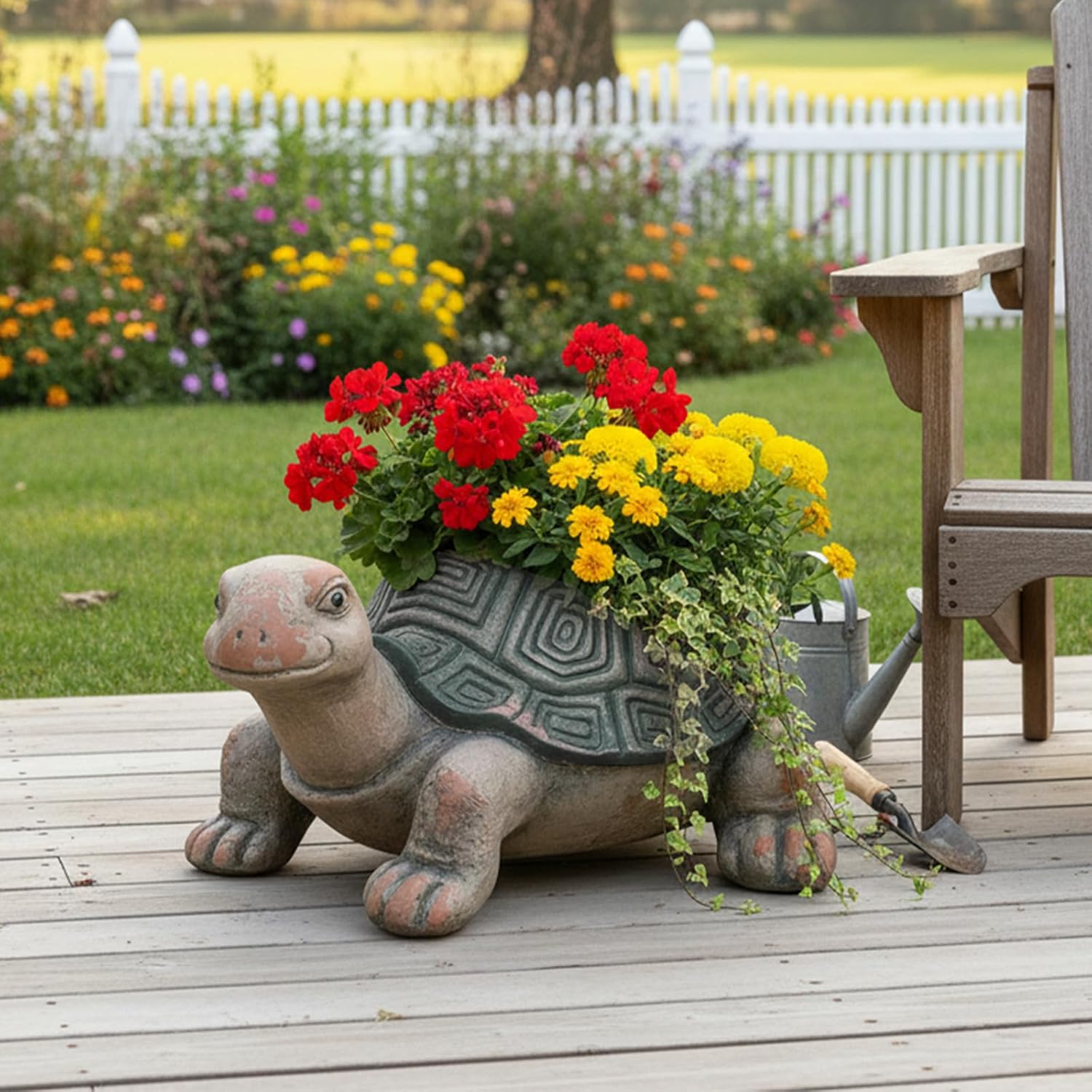 Large Vintage Turtle Planter Outdoor Garden - 18.5" Magnesium Oxide Animal Statue Flower Pot with Drainage, Weathered Tortoise Succulent Container for Patio, Porch & Balcony Decor Gift