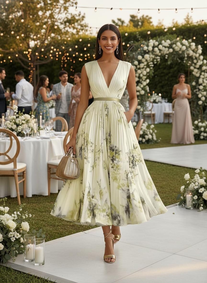 Vestido Midi con Flores Mujer Sin Mangas Escote V, Modelo Plisado con Cintura Alta, Vestido Elegante Casual para Verano Fiestas Vacaciones Y Salidas Diarias
