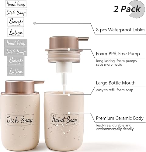 Miniatura 46 de BosilunLife Juego de Dispensadores de Jabón Espumoso - Dispensador de Jabón de Manos de Cerámica Albaricoque de Espuma de 12 onzas con Bomba a Bomba