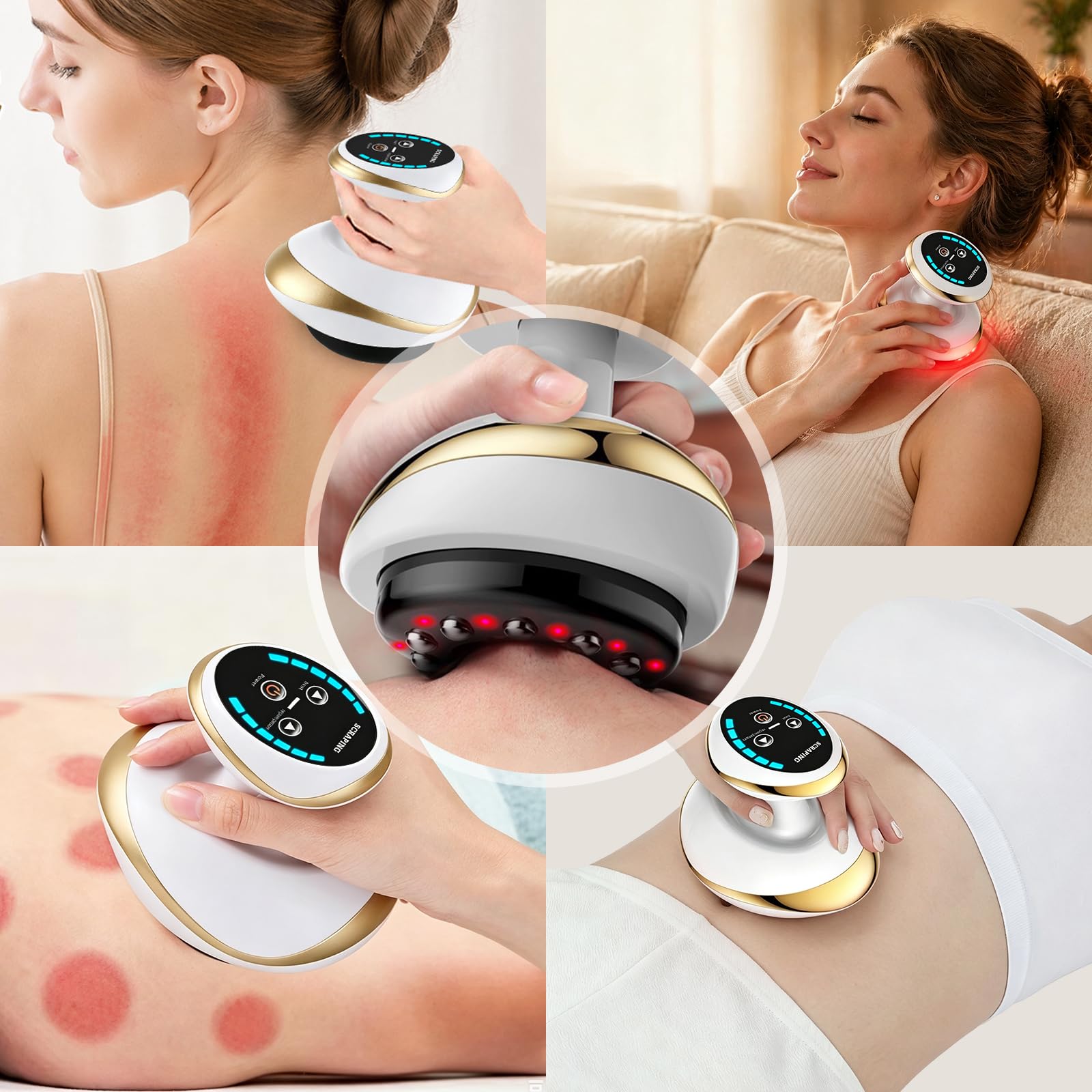 Gua Sha - Masajeador eléctrico 4 en 1 con función de calor, 6 niveles de vacío, dispositivo anticelulitis, masajeador de mano inalámbrico para promover la circulación sanguínea para espalda y cuerpo