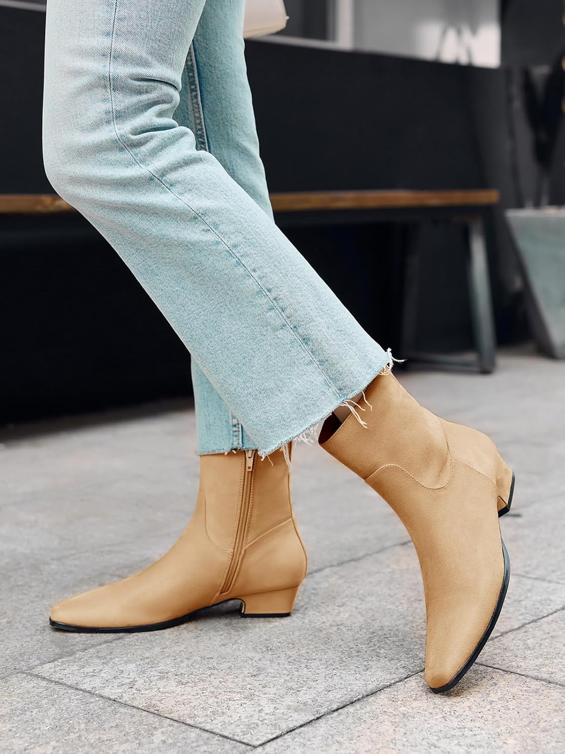 Coutgo Womens Booties Low Heel Ankle Boots Square Pointed Toe Chunky Heel Side Zipper Dressy Fall Boots Shoes - Image 3