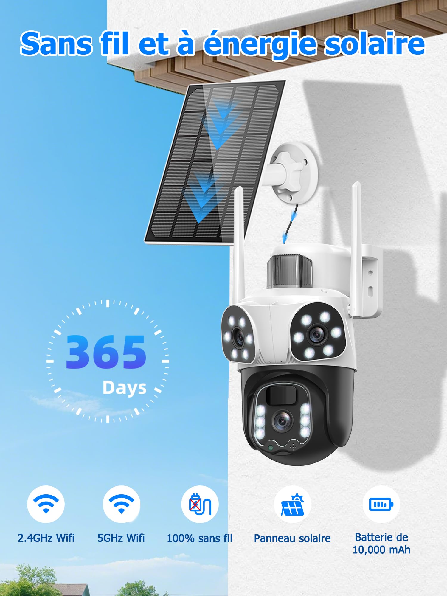 12MP Camera Surveillance WiFi Exterieure sans Fil,AOV 24/7,à triple objectif/Camera Solaire/Batterie,Suivi Automatique,360° PTZ Sécurité,Vision Vocturne,Audio Bidirectionnel,Alarme automatique,étanche