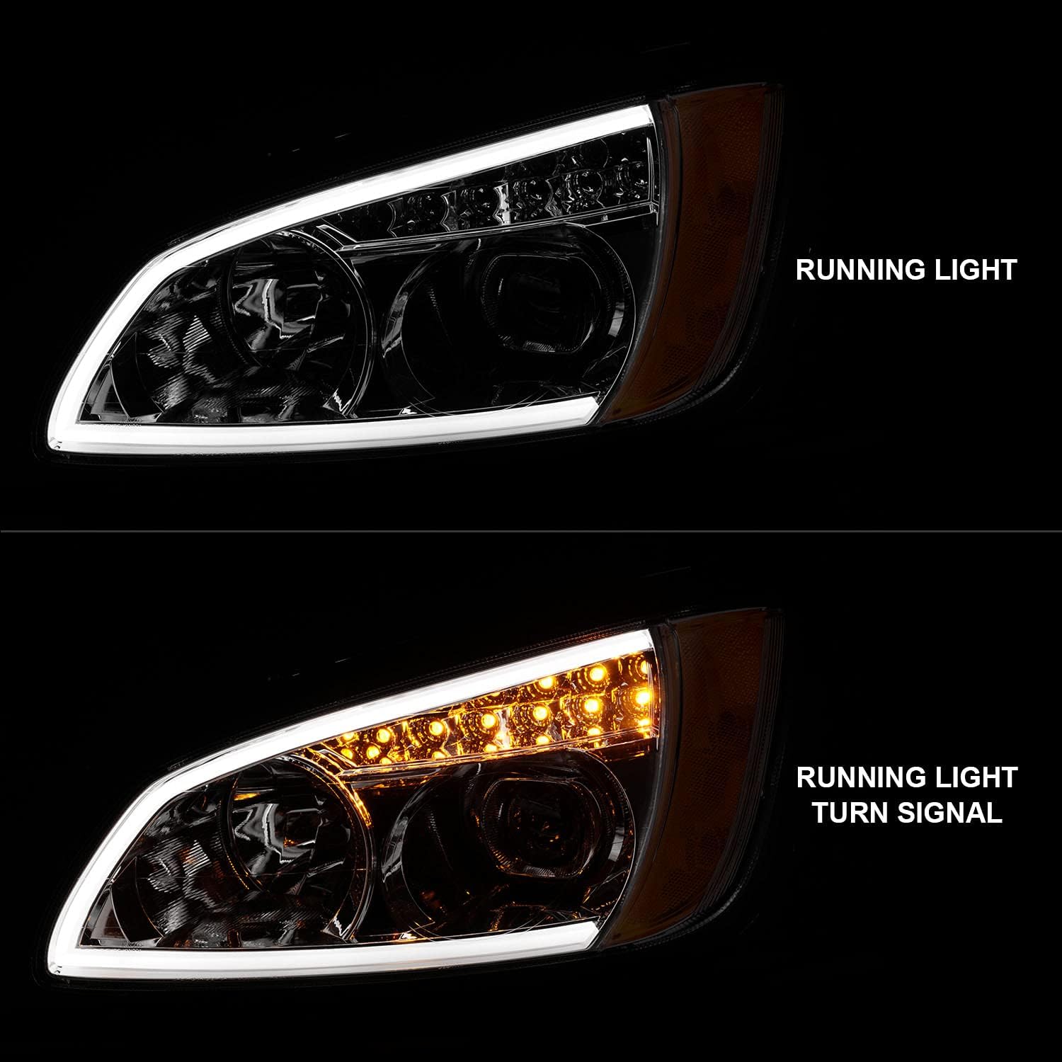 AmeriLite for 2008-2017 Kenworth T660 LED Bar Turn Signal Chrome Replacement Projector Headlights Set High/Low Beam Bulb Included - Passenger and Driver Side