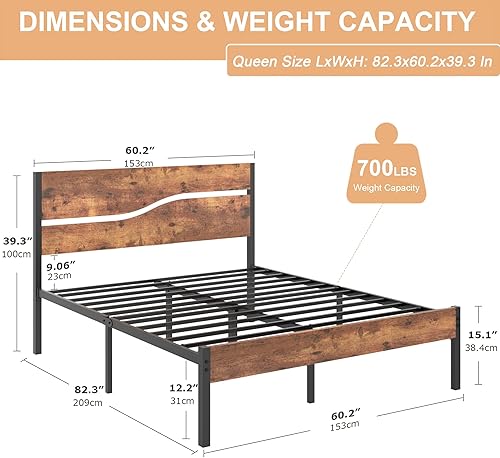 Miniatura 2 de VECELO Base de cama tamaño Queen con cabecera y estribo de madera, plataforma de metal resistente de 14 pulgadas con listones de acero reforzado,