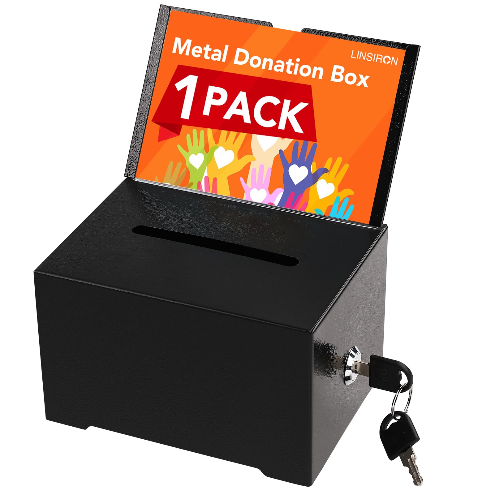 LINSIRON Black Metal Donation Box with Lock,raffle ticket box donation boxes for fundraising,tip jar,Suggestion Box with Sign Holder,Multi-Use Secure Storage with 2 Keys,6.3x4.72x3.94 Inch