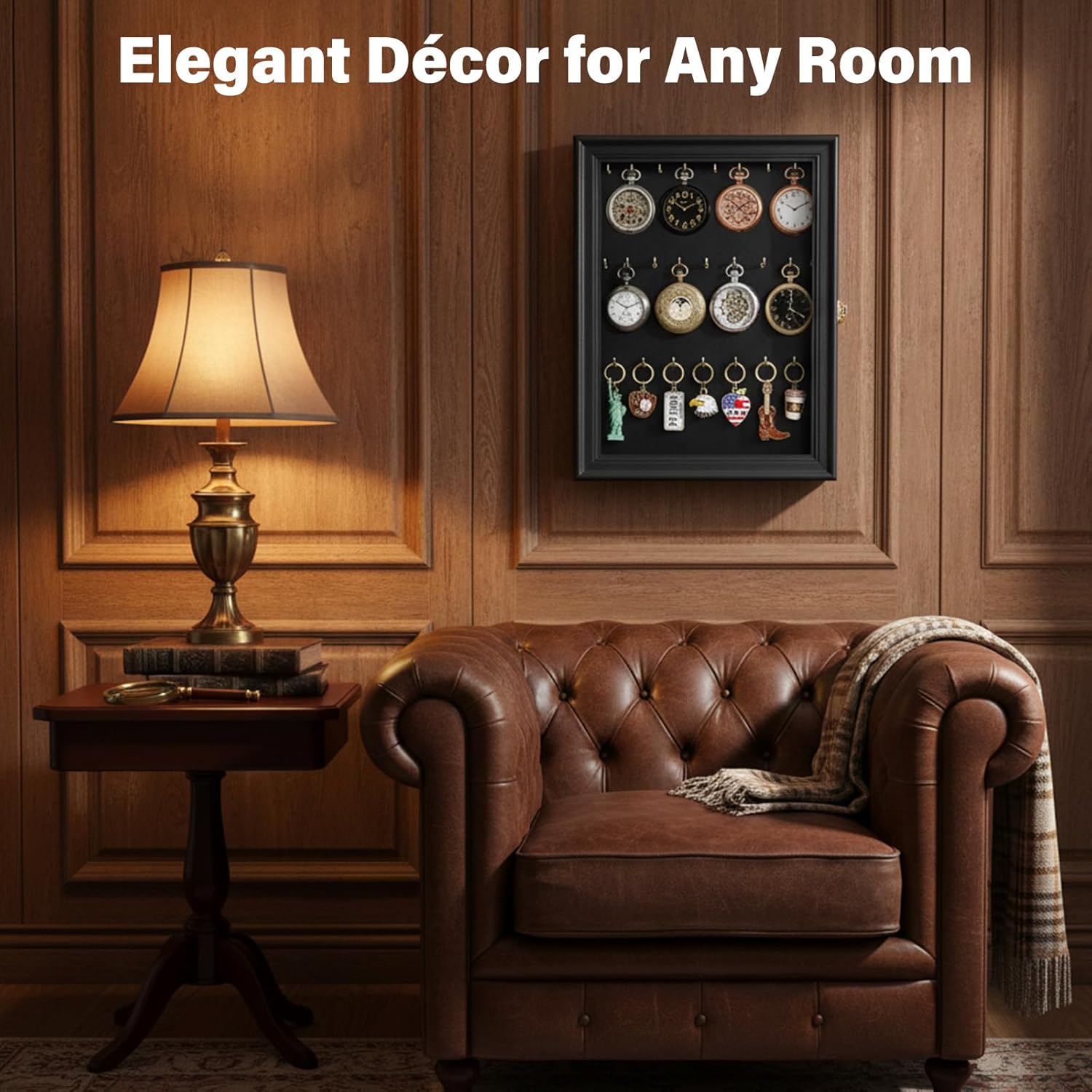 Pocket Watch Display Case, Elegant Keychain Display Stand with 24 Metal Hooks, Wall Mount Display for Pocket Watch Collectors, Unique Gift for Watch Lovers