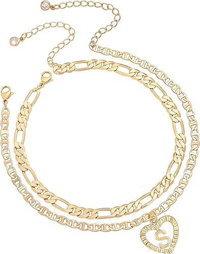 Tobilleras con iniciales para mujer, 2 unidades, chapadas en oro de 18 quilates, hechas a mano, delicadas en capas, tobillera con letra inicial de