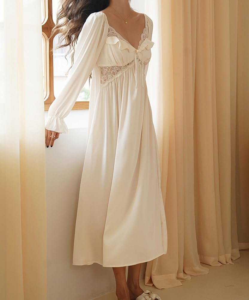 Bluedeer Long Nightgowns for Women Satin Long Sleeve Lace V Neck Sleep  Dress Soft Comfy Sleepwear,Apricot,S at Amazon Women's Clothing store