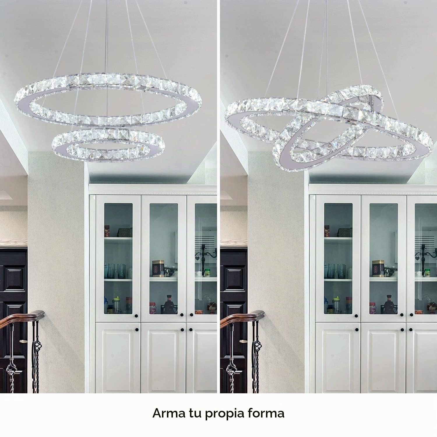 Finktonglan Fintonglan Lámpara Colgante de Cristal LED Moderna Ø30–50 cm, Diseño de Doble Anillo Ajustable en Altura, Luz Colgante de Techo en Acero Inoxidable para Salón y Comedor, Blanco Frío