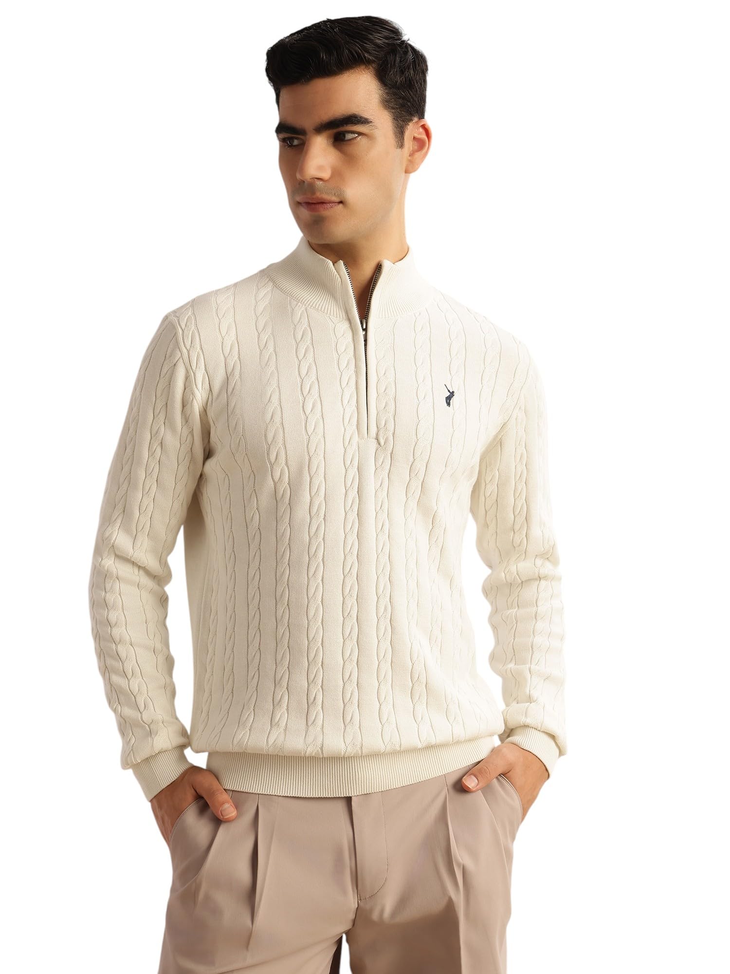 Men's | Regular Fit | Long Sleeves | Mock Collar | 100% Cotton | Dry Clean | Cable Knit | Knitted | Pullover Sweater