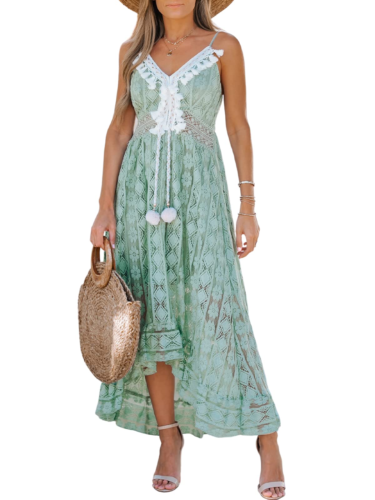Cupshe Women's Summer Dress, V-Neck Floral Dress with Lace, Tassels and Spaghetti Straps, Casual Dresses, Hi-Low Party Boho Beach Maxi Dress