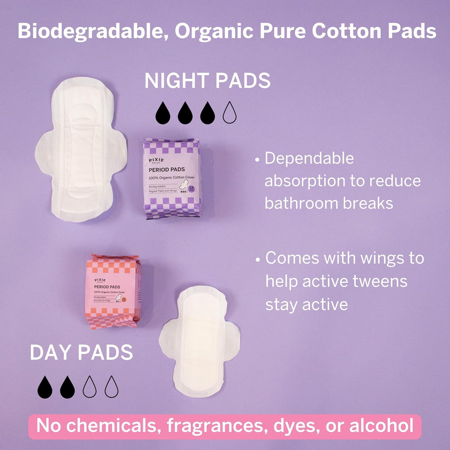 Pixie Period Starter Pads for Teen Girls - Organic Cotton 56ct - Designed for Tweens & Smaller Underwear - Leak-Proof with Wings for Feminine Care - Includes 32ct Mini & 24ct Regular Pads with Wipes
