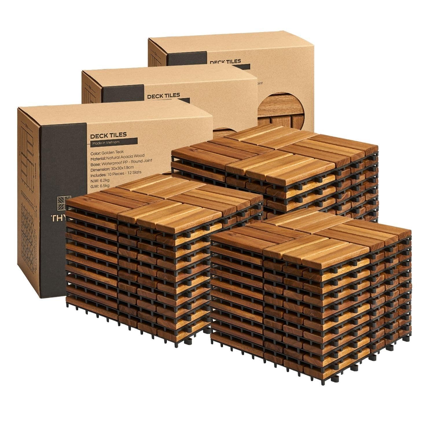 Set 30 Premium Deck Tiles, Acacia Wood Interlocking Floor
