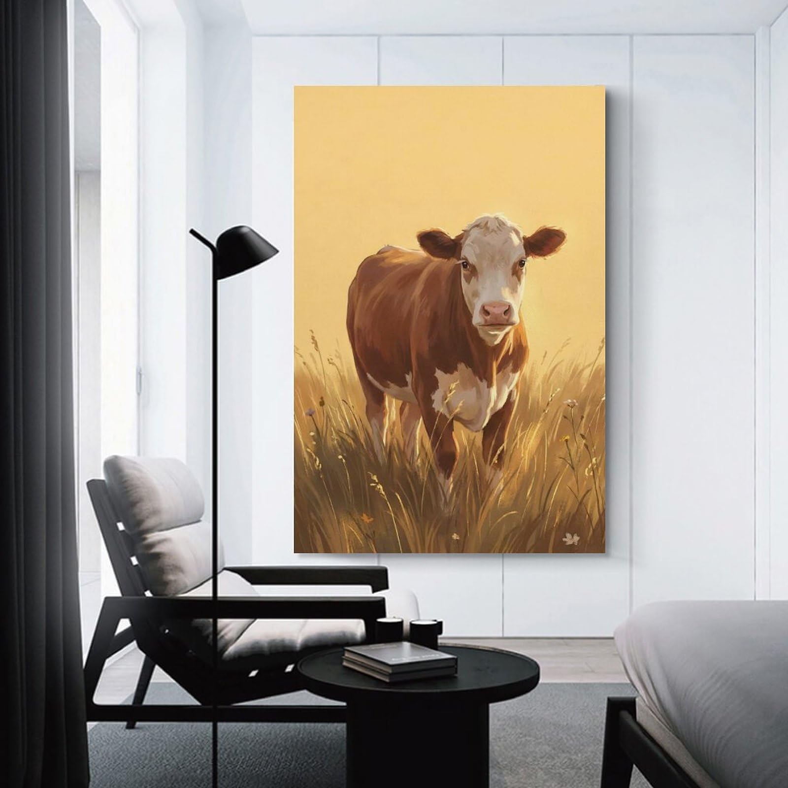 Junmoney Hanging Wall Art Cow in Golden Field Painting, 20x30inch(50x75cm), for Wall Displays, Bedrooms Or Room Updates, Decorative Artwork with Flexible Styling