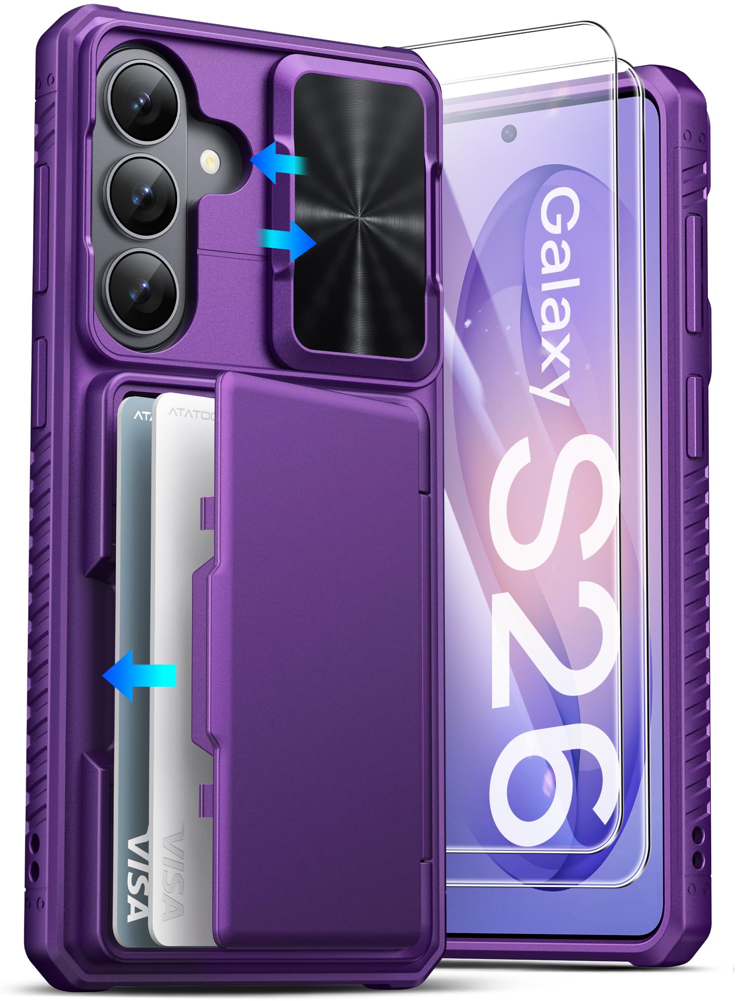 ATATOO for Samsung Galaxy S26 Case Wallet with HD Tempered Glass Screen Protector [2 Pack], Built-in Card Holder, Slide Camera Cover, Drop Protection, Silicone Case for Galaxy S26 6.3", Dark Purple