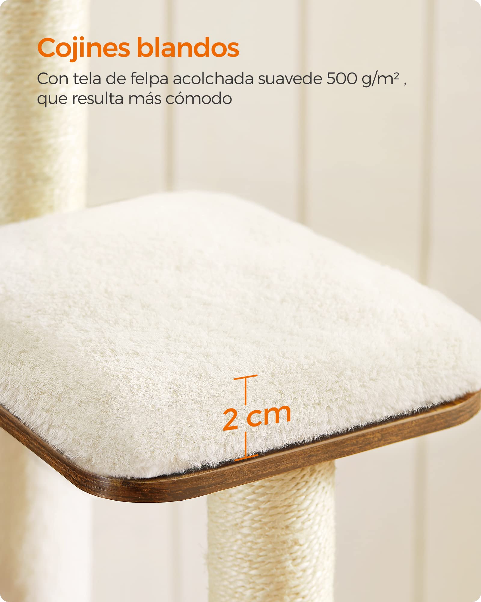 Feandrea Árbol para Gatos, Torre de Gatos 165 cm, 5 Postes para Arañar, Cojines Lavables y Desmontables, Plataforma, Cueva, Mueble de Interior, Marrón Rústico PCT166X01