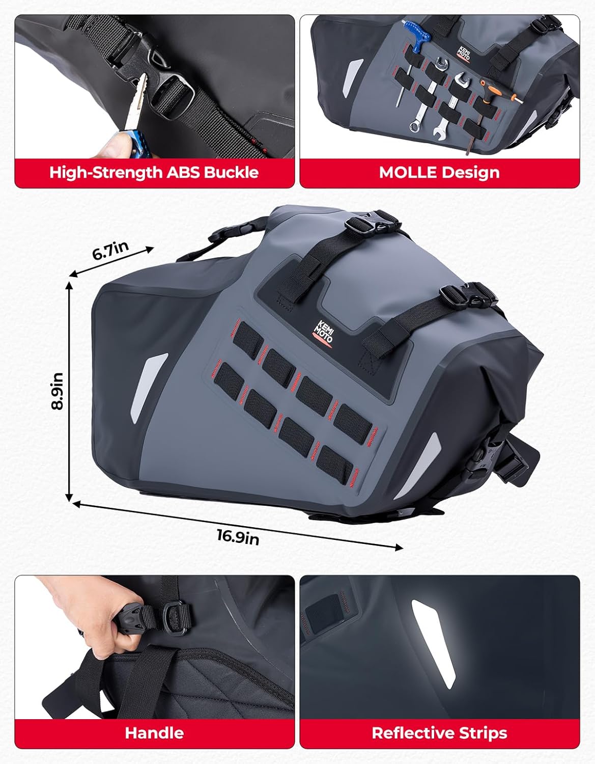 KEMIMOTO IPX6 Waterproof Motorcycle Saddlebags PVC Soft Panniers Side Tail Bag 30L(15Lx2) Motorbike Dirtbike Dual Sport Bike Adventure Travel Luggage Rackless Saddle Bags