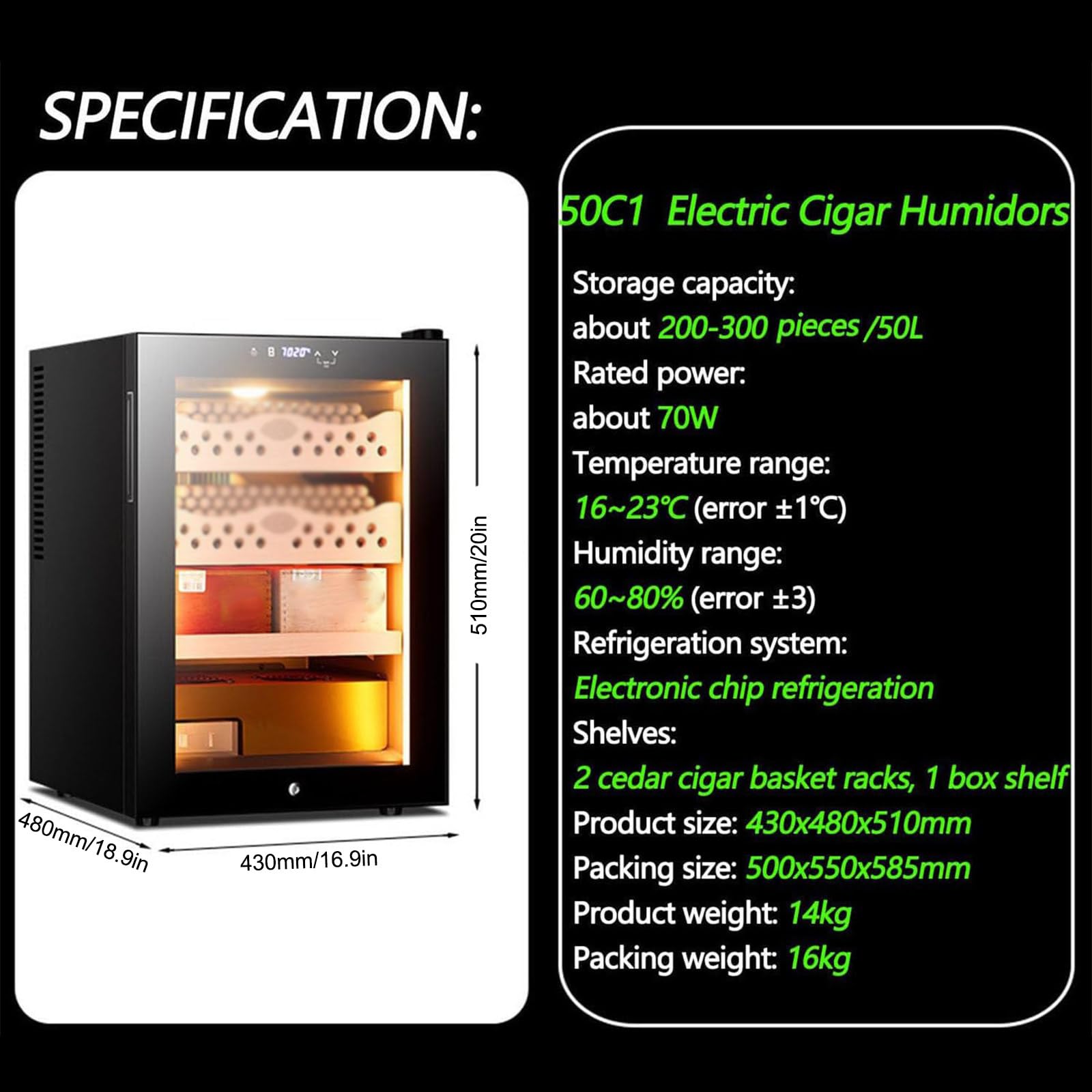 Elektrischer Zigarren- und Weinhumidor mit intelligenter Klimasteuerung, Schublade aus spanischer Zeder, LED-Display und Beleuchtung