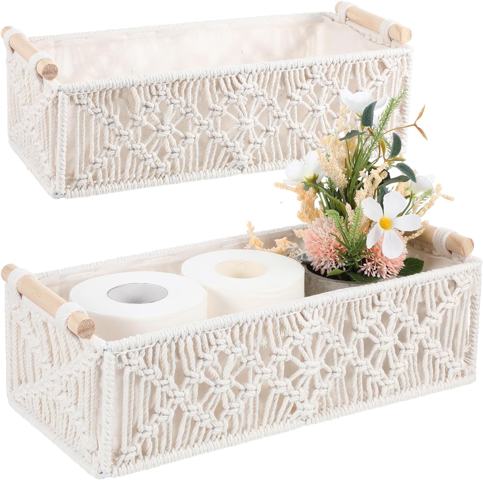 Kifmurase 2PCS Macrame Storage Baskets, Boho Woven Storage Bins with Handle for Shelf Cabinet Countertop Livingroom Home, Bathroom Toilet Paper Basket White Toilet Tank Top Baskets
