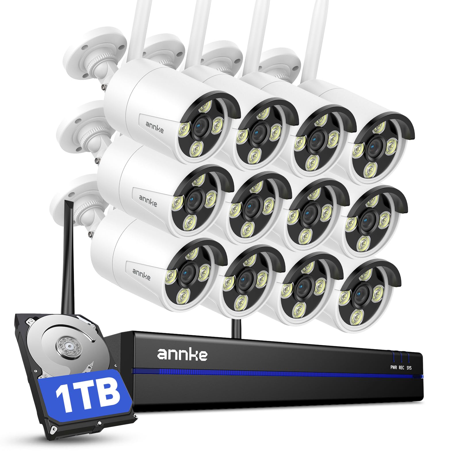 ANNKE Zestaw 2K WLAN kamera do monitoringu, do użytku na zewnątrz, 12 x 2K WiFi, 16 CH 4K NVR z 1TB HDD, w pełni metalowy, 5 GHz/2,4 GHz Wi-Fi, noktowizor, rozpoznawanie osób, 2-drożne audio