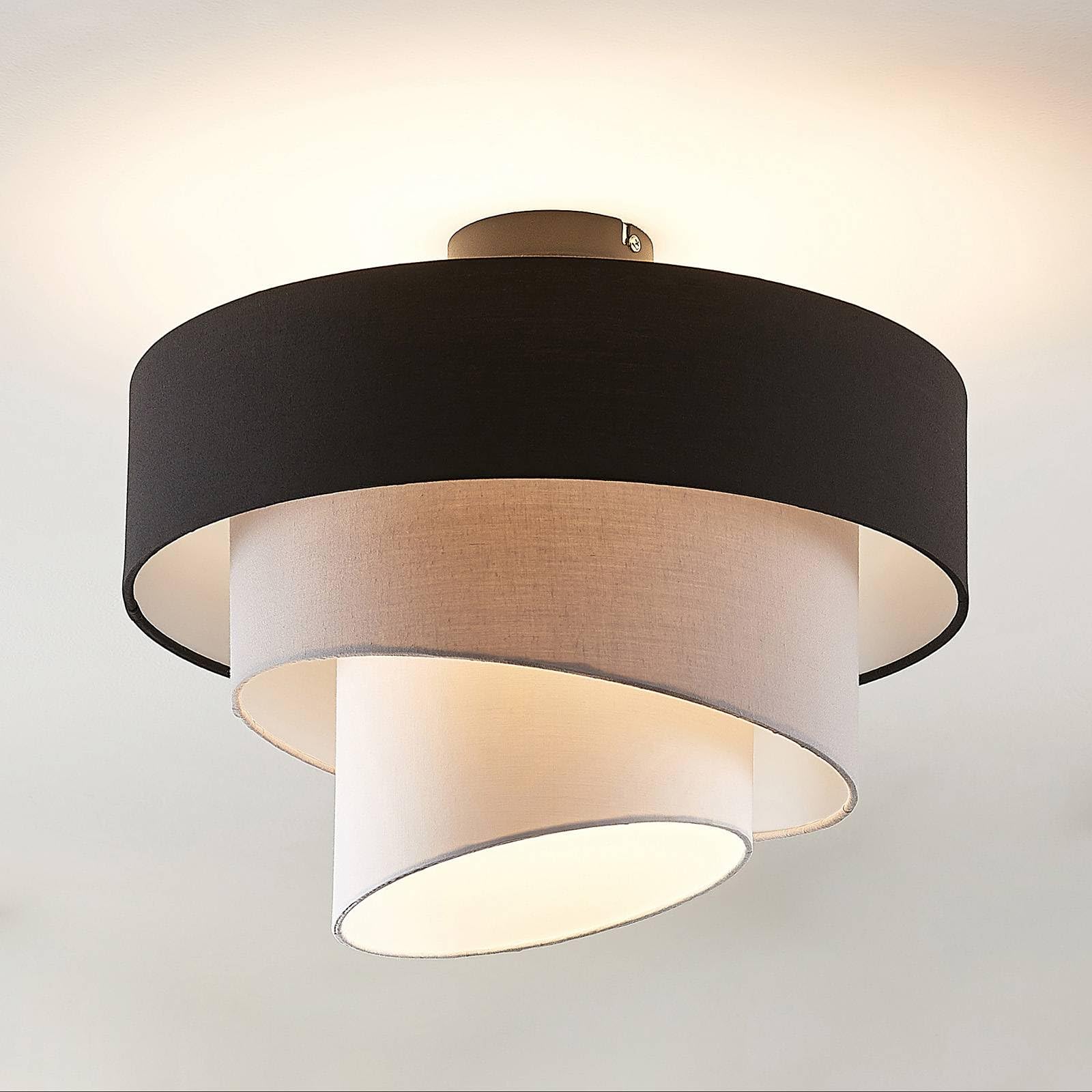 Lindby Plafoniera in Tessuto Ø 40 cm, Lampadario da Soffitto 3 Strati Nero Grigio Bianco Rotondo 3x E27 a Sospensione Camera Letto Lampada Soggiorno Cucina