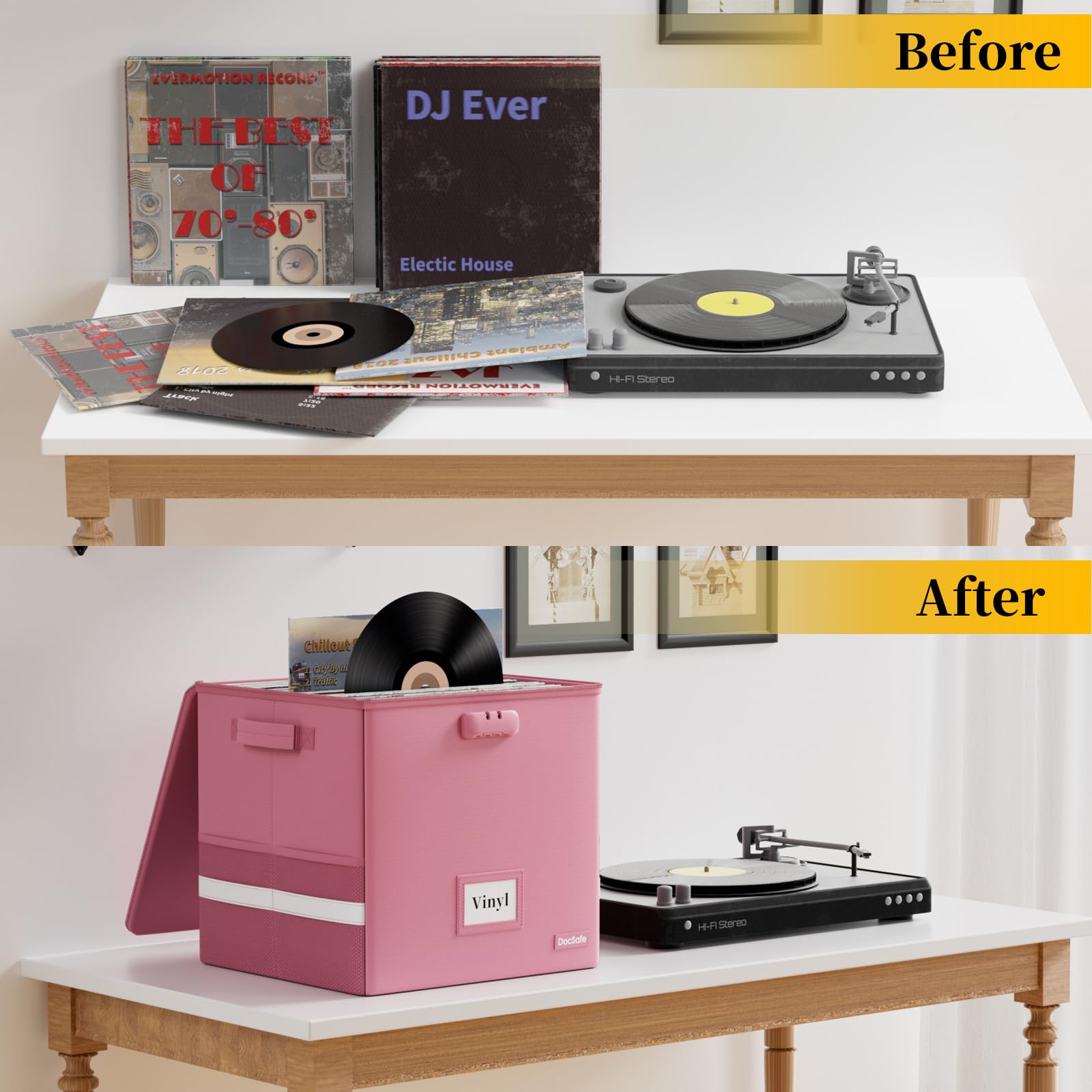 DocSafe Caja de almacenamiento de discos de vinilo con cerradura, organizador de discos ignífugo y resistente al agua para más de 100 discos individuales (12 pulgadas), caja de almacenamiento plegable