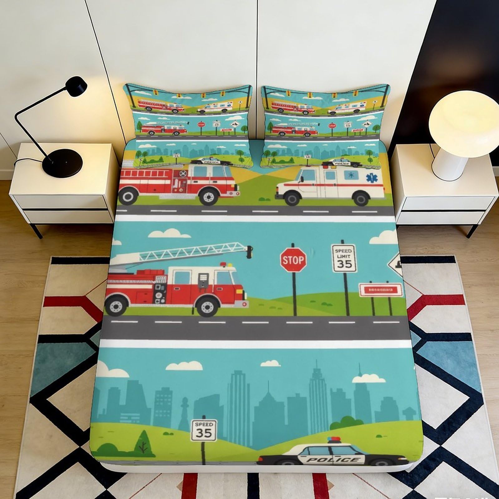 3D Printed Emergency Vehicles Fitted Sheet Microfiber Soft Breathable Fire Truck Bed Cover for Bedroom Dormitory Guest Room Mattress Protection 160x200x25cm