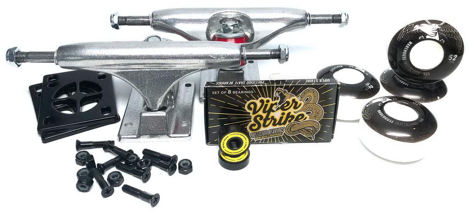 Warehouse Polished Trucks with 52mm Black Street Eagles Wheels, Bearings & Hardware Kit - 5.75